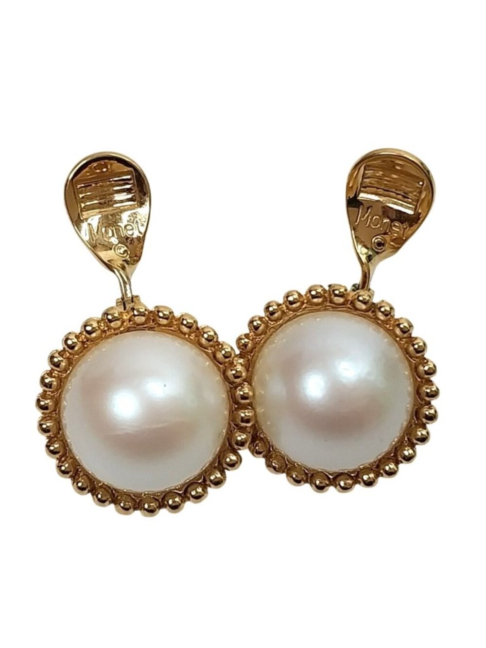 Vintage Monet Gold Faux Pearl Clip-On Earrings Signed